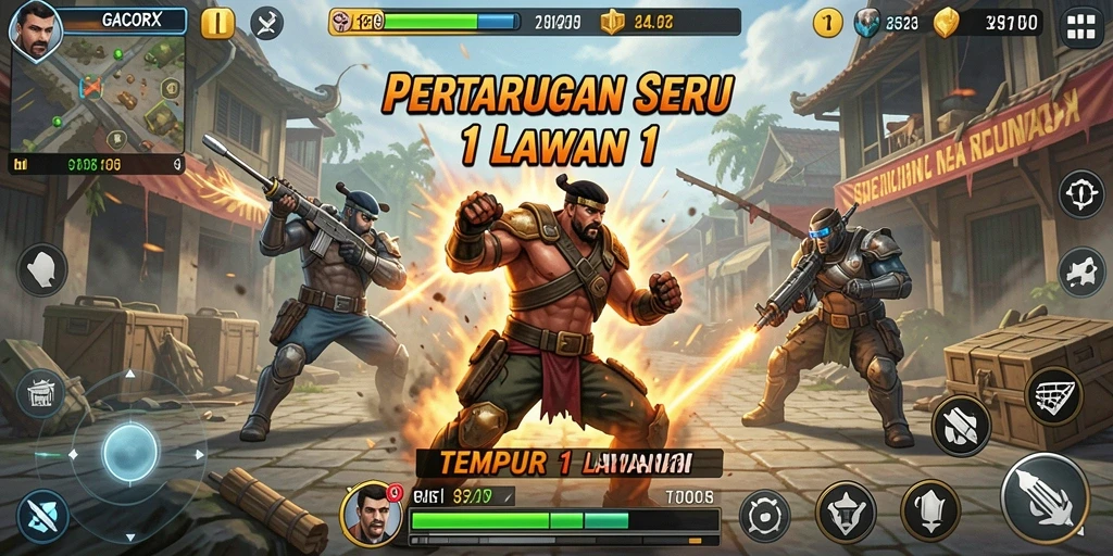 Tampilan antarmuka GACORX dalam pertarungan 1 lawan 1.